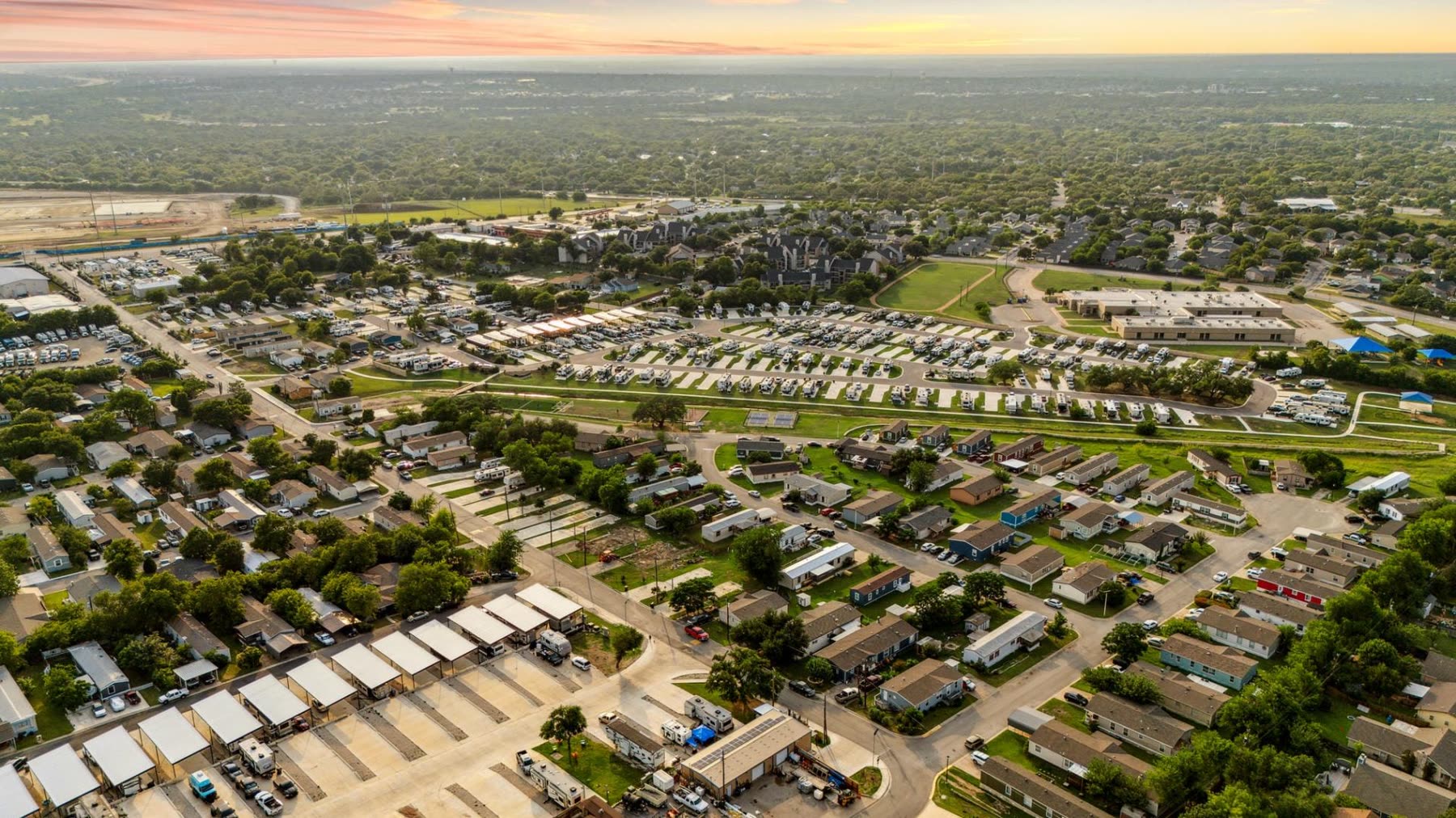 Aerial view of Blessing Community showing RV sites and manufactured homes